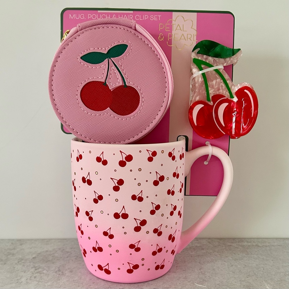 PETAL & PEARL Cherry Theme Gift Set - Mug, Saffiano Pouch, Hair Clip, NWT